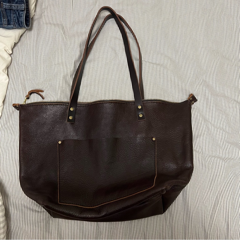 Portland leather l Brown Leather zipper Tote Bag